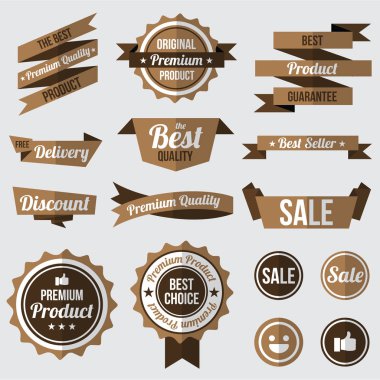 kahverengi rozetleri, etiket ve şeritler kümesi. düz tasarım konsepti. marka ve Satılık dekorasyon. vektör çizim.