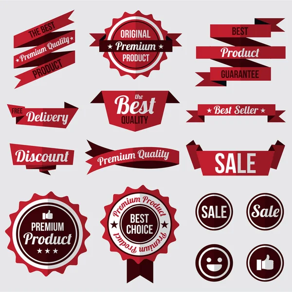 Набір червоних значків, етикеток та стрічок. концепція плоского дизайну. брендинг і продаж прикрас. Векторна ілюстрація . — стоковий вектор