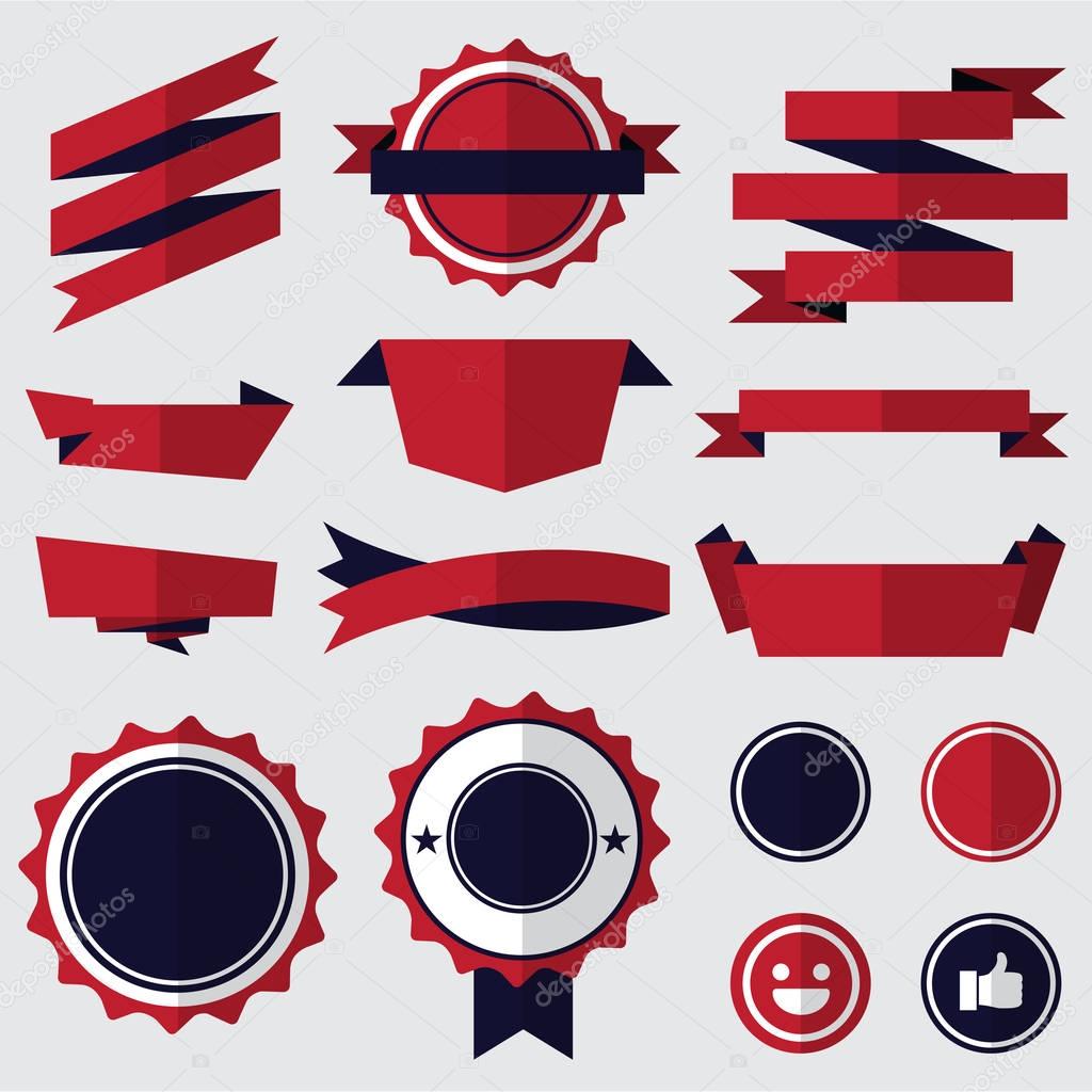 set of red badges , labels and ribbons. flat design concept. branding and sale decoration. vector illustration.