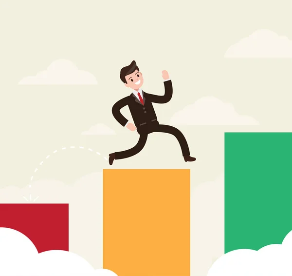 Homme d'affaires sautant sur le graphique à barres. profit et succès. concept de business design. illustration vectorielle . — Image vectorielle