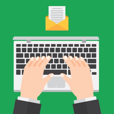 bilgisayar ile çalışan adam. yazarak ver. mesaj ve e-posta. vektör çizim. bilgi teknoloji ve iş tasarım konsepti.