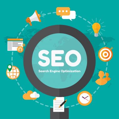 SEO. arama motoru optimation. vektör çizim. bilgi teknoloji ve iş tasarım konsepti.