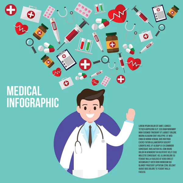Médico masculino com ícones de instrumentos. ilustração vetorial. conceito de design de consultores médicos e de saúde . — Vetor de Stock