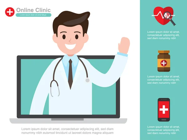Doctor masculino. ilustración vectorial. diagnóstico de salud en línea y consultor médico. diseño infográfico . — Vector de stock