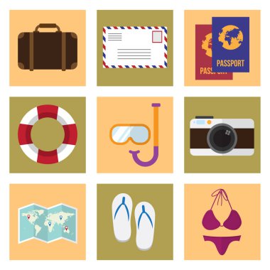 Yaz Icons set. yolculuk ve seyahat tasarım konsepti. vektör çizim.