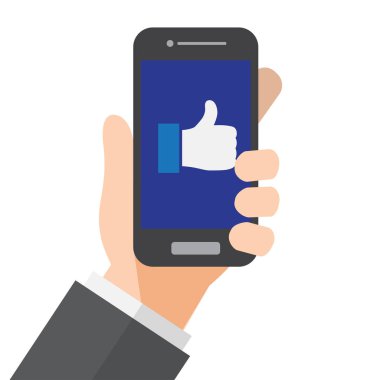 smartphone ekranında düğmesini gibi. el smartphone tutar. vektör çizim.