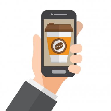 Online Sipariş kahve ve teslimat. el smartphone tutar. vektör çizim.