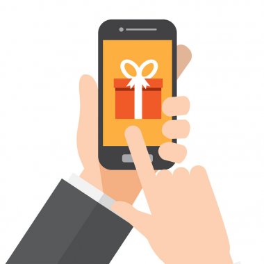 hediye gönder. el smartphone tutar. vektör çizim.