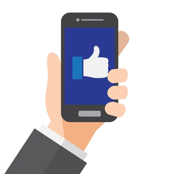 Like button on smartphone screen. hand holds smartphone. vector illustration. — Stock Vector