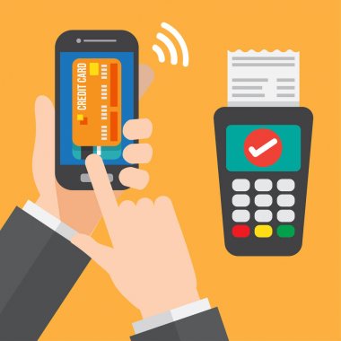 kredi kartı okuyucu makine ile Smartphone ödeme. vektör çizim.