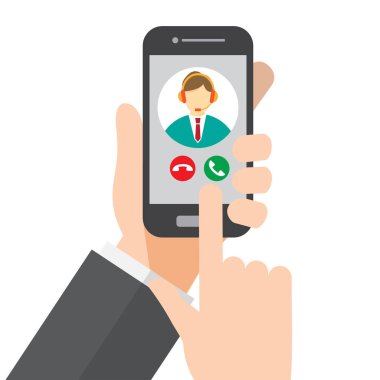 Çağrı Merkezi ile görüşün. el smartphone tutar. vektör çizim.