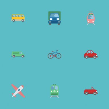 Düz Araba, Omnibus, taşıma ve diğer vektör öğeleri. Ayrıca tren, yolcu, araç nesneleri içeren küme otomatik düz sembolleri.