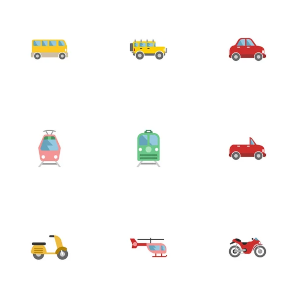 Trasporto piatto, scooter, elicottero e altri elementi vettoriali. Set di simboli piatti del veicolo comprende anche il trasporto, Cabriolet, oggetti Omnibus . — Vettoriale Stock