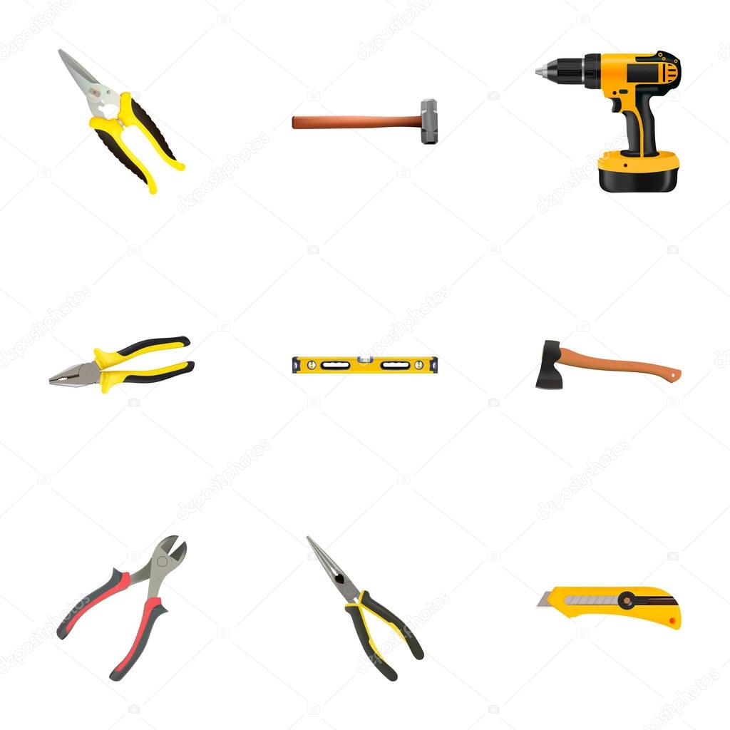 Realistic Pliers, Nippers, Plumb Ruler And Other Vector Elements. Set Of Kit Realistic Symbols Also Includes Level, Clippers, Knife Objects.