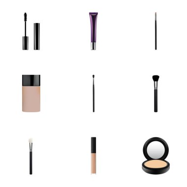 Gerçekçi kirpik mürekkep, kapatıcı, toz allık ve diğer vektör öğeleri. Maquillage gerçekçi simgeler kümesi Ayrıca kollajen, kontur, kirpik nesneleri içerir.