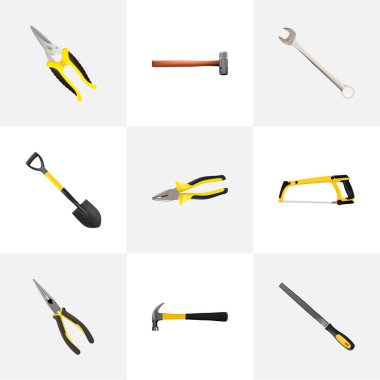 Gerçekçi kalemtıraş, İngiliz anahtarı, kol-testere ve diğer vektör öğeleri. Araçlar gerçekçi simgeler kümesi de Emery, makas, aracı nesneleri içerir.