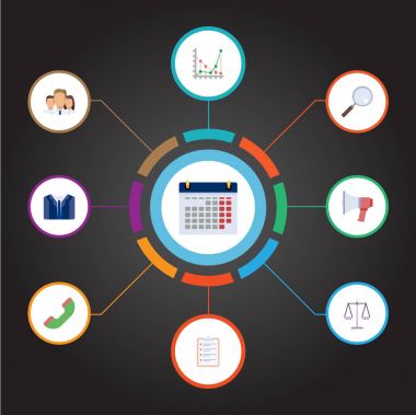 Düz takvim, Büyüteç, görev listesi ve diğer vektör öğeleri. Ayrıca duyuru, hoparlör, kulaklık nesneleri içeren küme kariyer düz sembolleri.