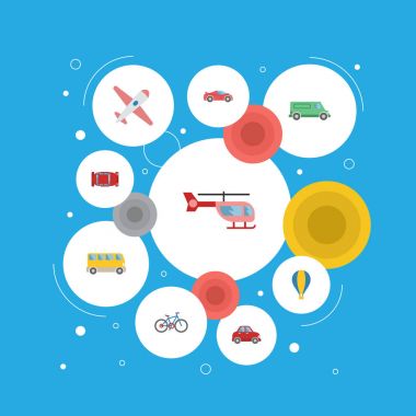 Araba, otomotiv, helikopter ve diğer vektör öğeleri düz. Taşıma düz simgeler kümesi de balon, otomatik, uçak nesneleri içerir.
