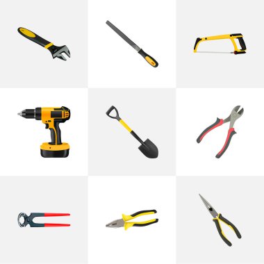 Gerçekçi Kerpetenler, pense, elektrikli tornavida ve diğer vektör öğeleri. Aletleri gerçekçi simgeler kümesi de içerir elektrikli tornavida, alet, cihaz nesneleri.