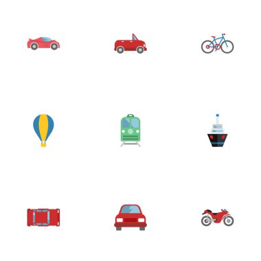 Taşıma, lüks Oto, Bisiklet ve diğer vektör öğeleri düz. Ayrıca motosiklet, döngüsü, zeplin nesneleri içeren küme otomatik düz sembolleri.