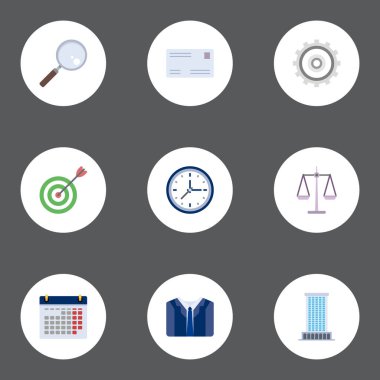 Terazi, karikatür, takvim ve diğer vektör öğeleri düz. İş düz simgeler kümesi de takım elbise, karikatür, hedef nesneleri içerir.