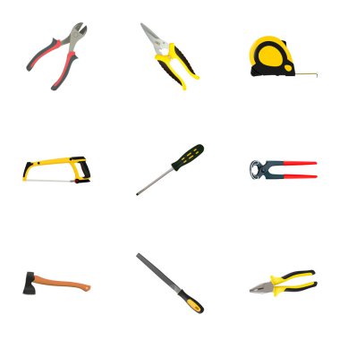 Gerçekçi marangoz, pense, makas ve diğer vektör öğeleri. İnşaat gerçekçi simgeler kümesi de kol, marangoz, aracı nesneleri içerir.