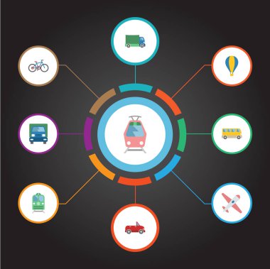 Metro, uçak, taşıma ve diğer vektör öğeleri düz. Makine düz simgeler kümesi de Zeplin, Bisiklet, kamyon nesneleri içerir.