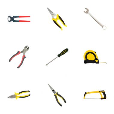 Gerçekçi Kerpetenler, forseps, marangoz ve diğer vektör öğeleri. Aletleri gerçekçi simgeler kümesi, ayrıca gürültü, kerpeten, demir testeresi nesneleri içerir.