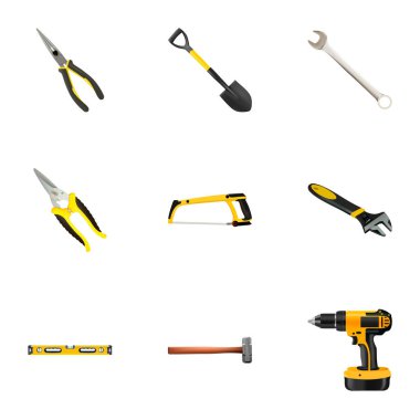 Gerçekçi anahtarı, elektrikli tornavida, çekül cetvel ve diğer vektör öğeleri. Kit gerçekçi simgeler kümesi de uzun, Spade, testere nesneleri içerir.