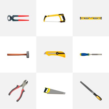 Vektör öğeleri gerçekçi kalemtıraş, forseps, tutamacı isabet. Ayrıca bıçak, kereste, cetvel nesneleri içeren küme araçları gerçekçi simgeler.