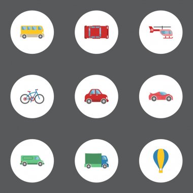 Otomotiv, Omnibus, zeplin ve düz diğer vektör öğeleri. Otomatik düz simgeler kümesi de kamyon, hava, spor nesneleri içerir.