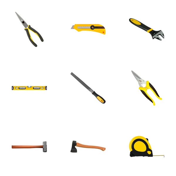 Realistic Length Roulette, Plumb Ruler, Hatchet And Other Vector Elements. Set Of Tools Realistic Symbols Also Includes Spanner, Nippers, Hatchet Objects. — Stock Vector