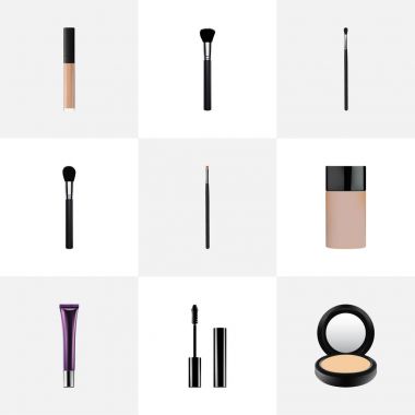 Gerçekçi makyaj ürünü, allık, moda ekipman ve diğer vektör öğeleri. Kozmetik gerçekçi simgeler kümesi de içerir kaş, toz, makyaj nesneleri.