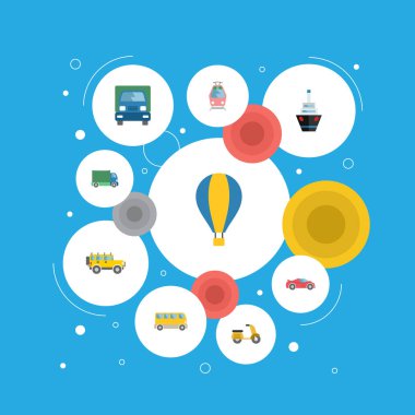 Tramvay, Jeep, Scooter ve diğer vektör öğeleri düz. Araç düz simgeler kümesi de araba, Omnibus, balon nesneleri içerir.