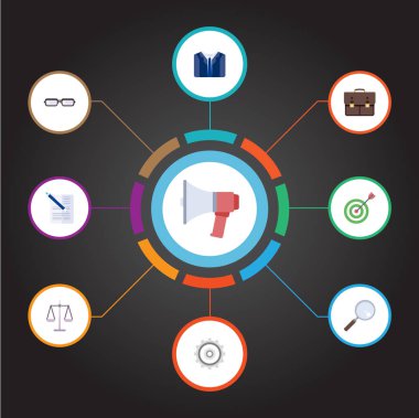 Düz hedef, Büyüteç, gözlük ve diğer vektör öğeleri. Kariyer düz simgeler kümesi de duyuru, hoparlör, belgenin nesnelerini içerir.