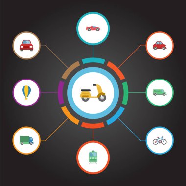 Düz bisiklet, taşıma, Metro ve diğer vektör öğeleri. Araç düz simgeler kümesi de kamyonet, kamyon, döngüsü nesneleri içerir.