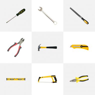 Gerçekçi pense, çekül cetvel, ileti örneği bıçak ve diğer vektör öğeleri. Kit gerçekçi simgeler kümesi de içerir demir testeresi, İngiliz anahtarı, inşaat nesneleri.