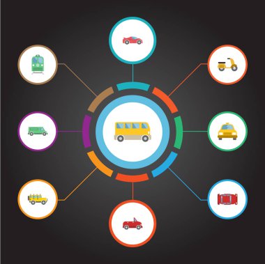 Metro, otobüs, taksi ve diğer vektör öğeleri düz. Taşıma düz semboller Ayrıca yolcu, otobüs, taksi nesneleri içerir.