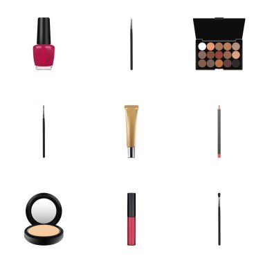 Gerçekçi kozmetik sopa, allık, likit ruj ve diğer vektör öğeleri. Kozmetik gerçekçi simgeler kümesi Ayrıca kollajen, kozmetik, allık nesneleri içerir.