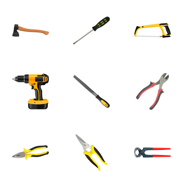 Realistic Arm-Saw, Hatchet, Carpenter And Other Vector Elements. Set Of Instruments Realistic Symbols Also Includes Electric Screwdriver, Hatchet, Emery Objects.
