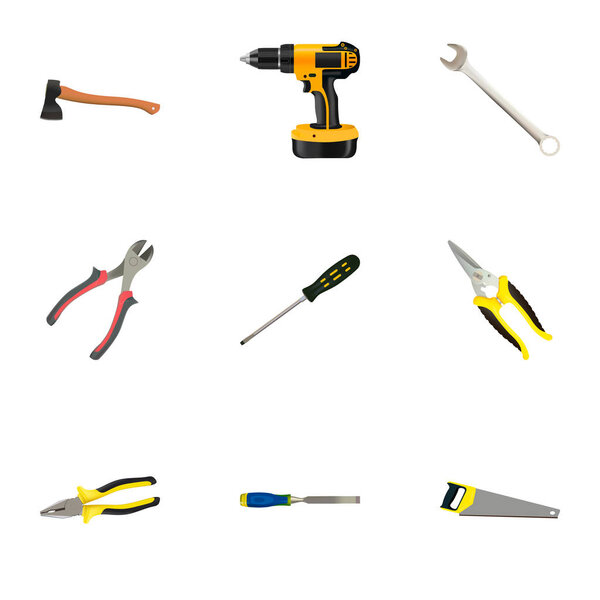 Realistic Electric Screwdriver, Carpenter, Forceps And Other Vector Elements. Set Of Construction Realistic Symbols Also Includes Saw, Carpenter, Sawmill Objects.