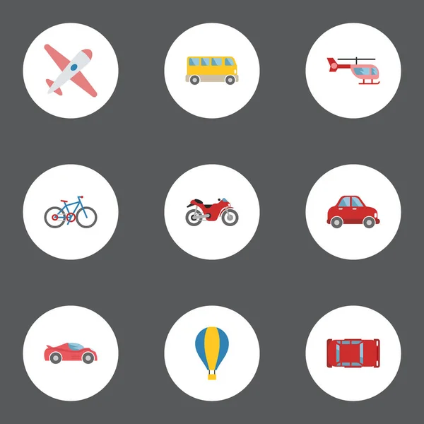 Auto piatte, dirigibili, aerei e altri elementi vettoriali. Set di simboli piatti della macchina Include anche aria, aerei, oggetti Omnibus . — Vettoriale Stock