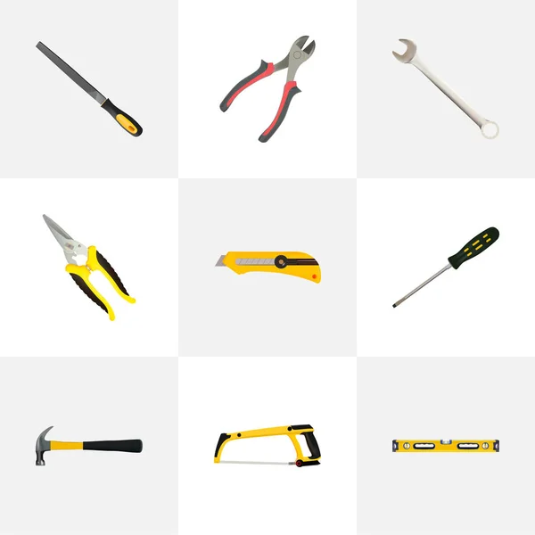 现实的手臂锯、 卷笔刀、 木匠和其他向量元素。建设现实符号集还包括木匠、 刀、 螺丝刀对象. — 图库矢量图片