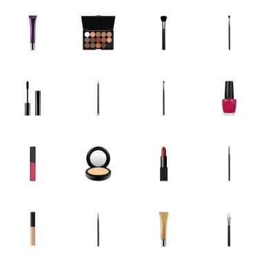 Gerçekçi allık, göz boya fırçası, kirpik mürekkep ve diğer vektör öğeleri. Maquillage gerçekçi simgeler kümesi de vernik, allık, mürekkep nesneleri içerir.