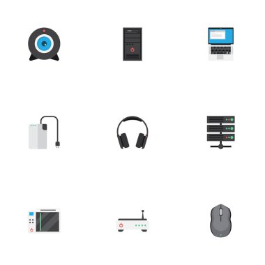 Düz kontrol cihazı, depolama aygıtı, dizüstü bilgisayar ve diğer vektör öğeleri. Pc düz simgeler kümesi de defter, Muhafazası, dizüstü bilgisayar nesneleri içerir.