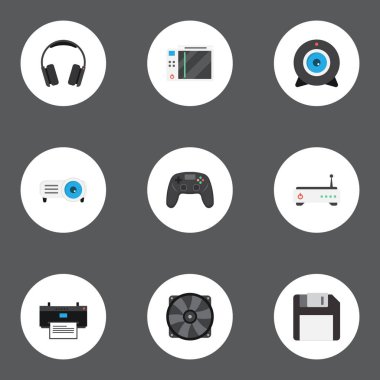 Düz göstermek, baskı makinesi, soğutucu ve diğer vektör öğeleri. Pc düz simgeler kümesi de yönlendirici, Web, projektör nesneleri içerir.