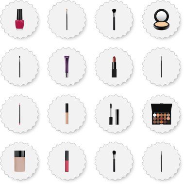 Gerçekçi ağız kalem, kirpik mürekkep, kapatıcı ve diğer vektör öğeleri. Kozmetik gerçekçi simgeler kümesi de Lehçe, Cilt Bakımı, pomad nesneleri içerir.