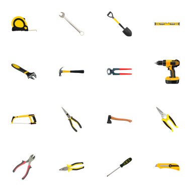 Gerçekçi elektrikli tornavida, Spade, pense ve diğer vektör öğeleri. İnşaat gerçekçi simgeler kümesi de Spade, balta, bıçak nesneleri içerir.