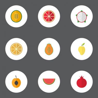 Kavun, portakal, Garnet ve diğer vektör öğeleri düz. Meyve düz simgeler kümesi de nar, dilim, karpuz nesneleri içerir.