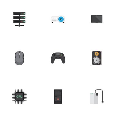 Datacenter, Show, defter ve diğer vektör öğeleri düz. Defter düz simgeler kümesi de içerir fare, Merkez, çevresel nesneler.